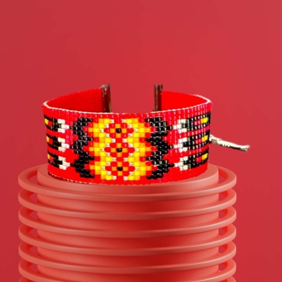 Handcrafted loom adjustable beaded cuff panel bracelet Southwest Native American - Picture 7 of 7